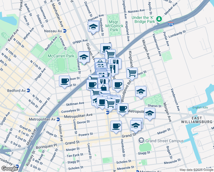 map of restaurants, bars, coffee shops, grocery stores, and more near 189 Withers Street in Brooklyn
