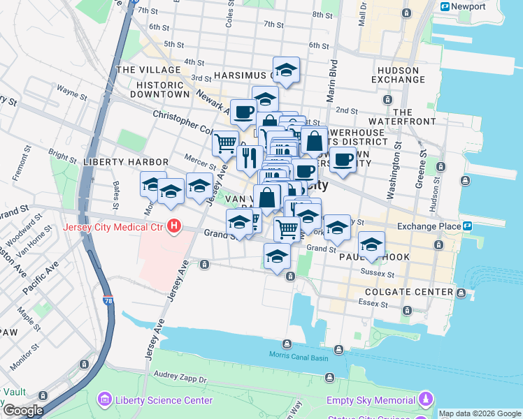 map of restaurants, bars, coffee shops, grocery stores, and more near 215 Montgomery Street in Jersey City