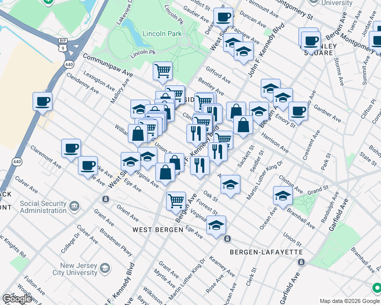 map of restaurants, bars, coffee shops, grocery stores, and more near 2315 John F. Kennedy Boulevard in North Bergen