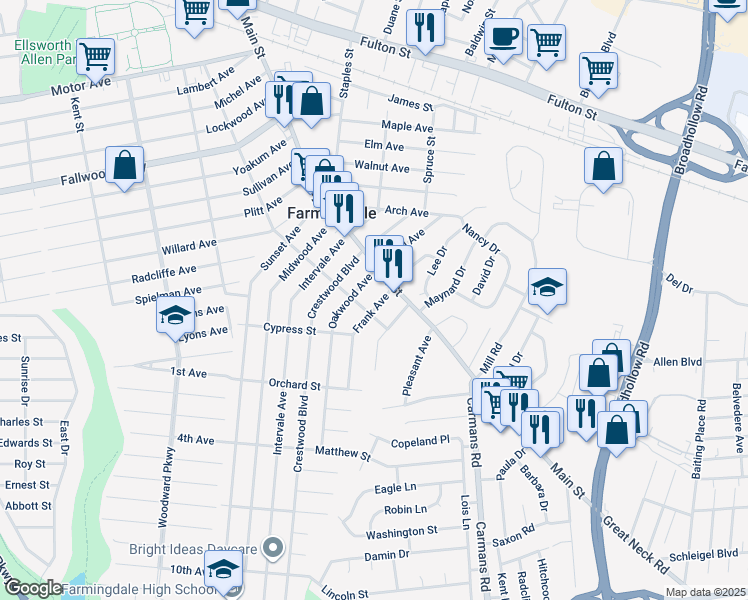 map of restaurants, bars, coffee shops, grocery stores, and more near 7 Frank Avenue in Farmingdale