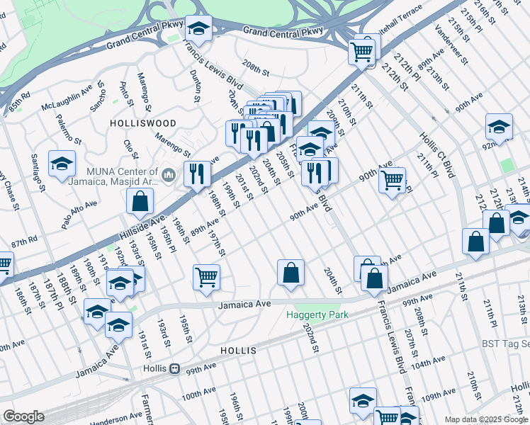 map of restaurants, bars, coffee shops, grocery stores, and more near 89-25 201st Street in Queens