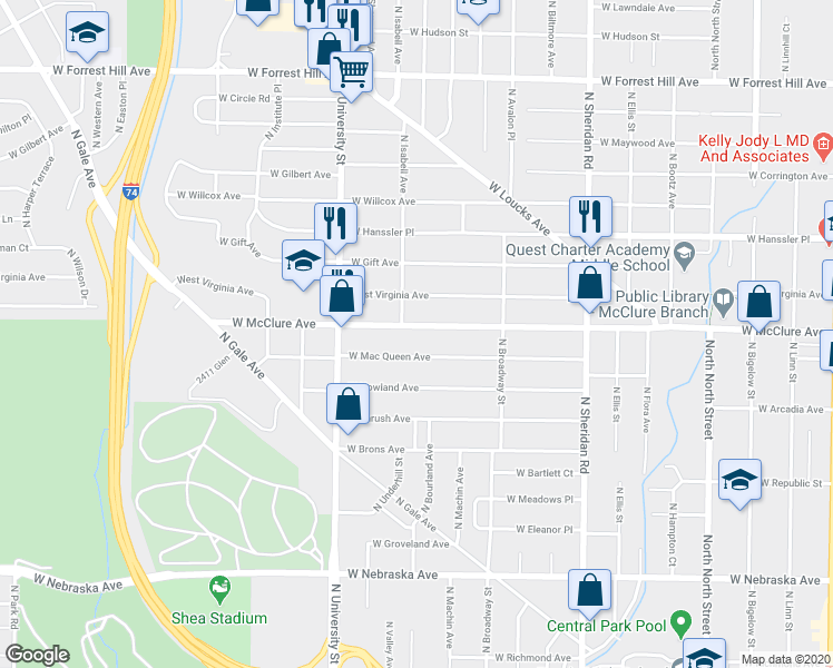 map of restaurants, bars, coffee shops, grocery stores, and more near 1102 West McClure Avenue in Peoria