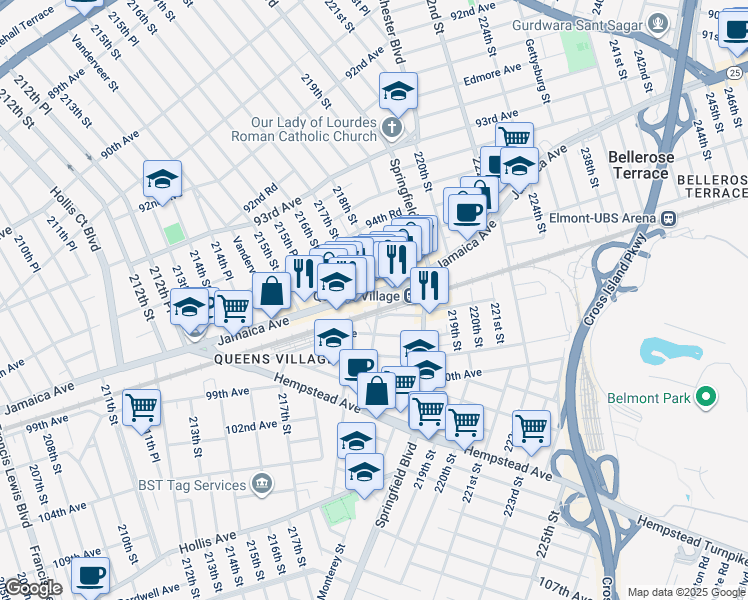 map of restaurants, bars, coffee shops, grocery stores, and more near 21802 Jamaica Avenue in Queens