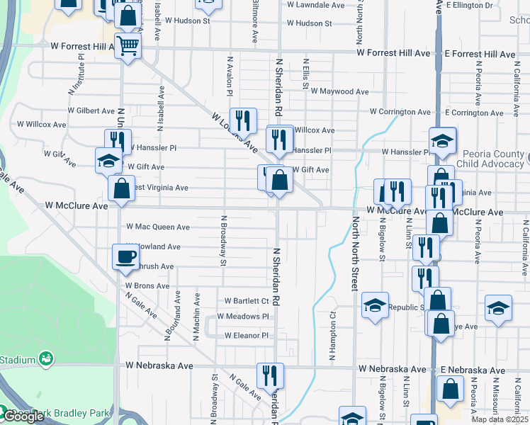 map of restaurants, bars, coffee shops, grocery stores, and more near 710 West McClure Avenue in Peoria