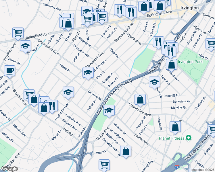 map of restaurants, bars, coffee shops, grocery stores, and more near 801 Chancellor Avenue in Irvington