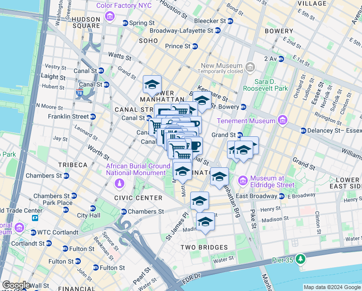 map of restaurants, bars, coffee shops, grocery stores, and more near Grand Street in New York