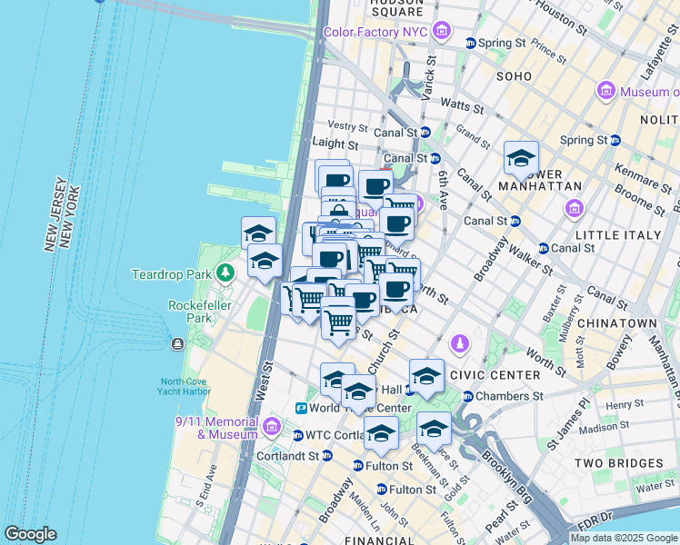 map of restaurants, bars, coffee shops, grocery stores, and more near 181 Duane Street in New York