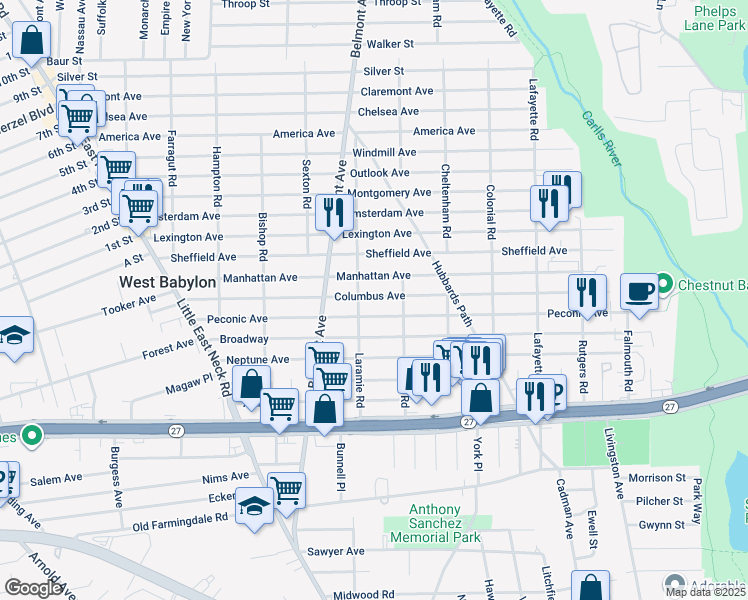 map of restaurants, bars, coffee shops, grocery stores, and more near 192 Columbus Avenue in Babylon