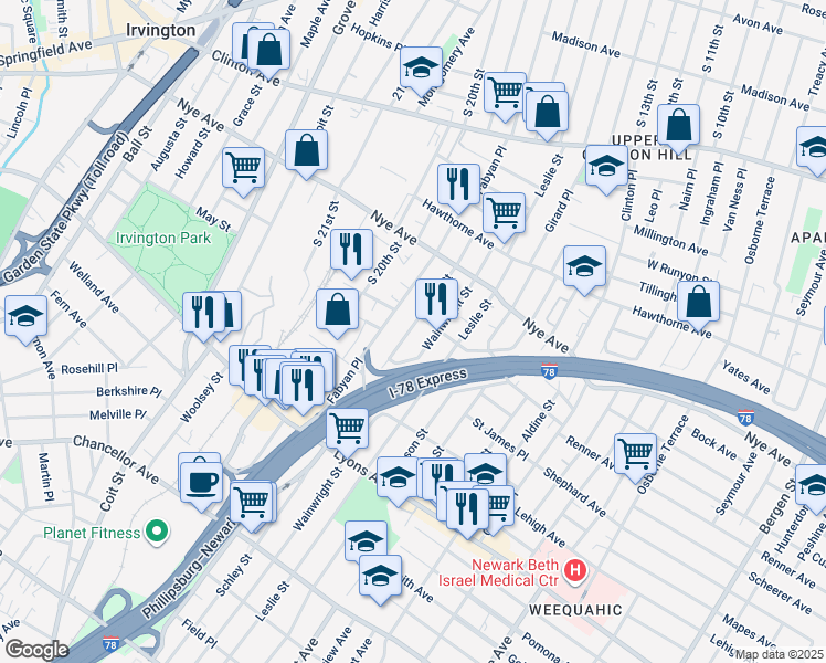 map of restaurants, bars, coffee shops, grocery stores, and more near 88 Schley Street in Newark