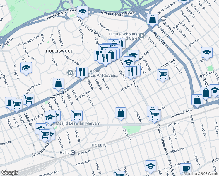 map of restaurants, bars, coffee shops, grocery stores, and more near 89-25 201st Street in Queens