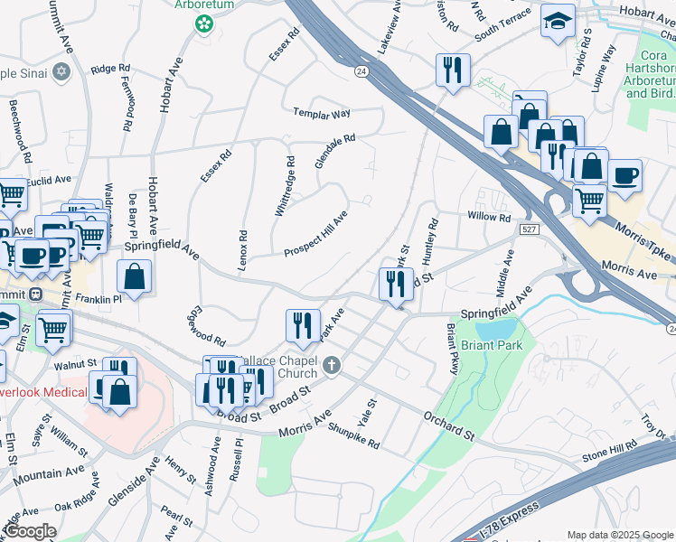 map of restaurants, bars, coffee shops, grocery stores, and more near 23 Argyle Court in Summit