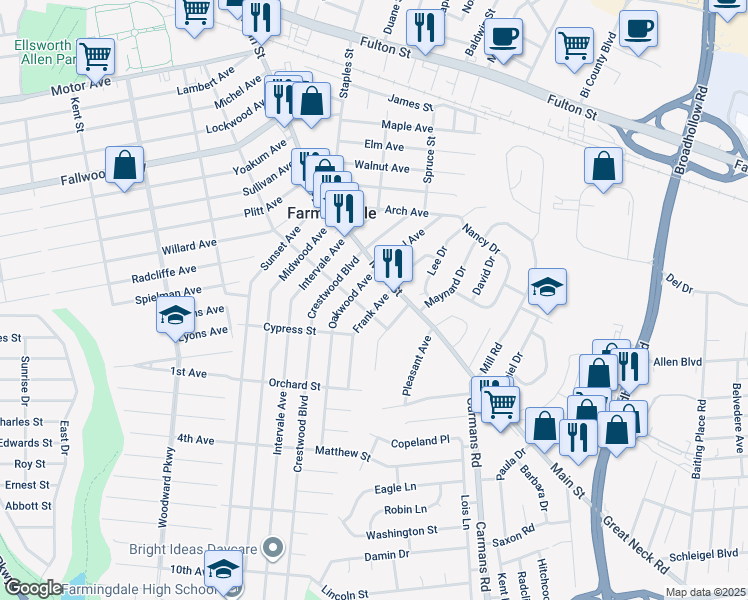 map of restaurants, bars, coffee shops, grocery stores, and more near 7 Frank Avenue in Farmingdale