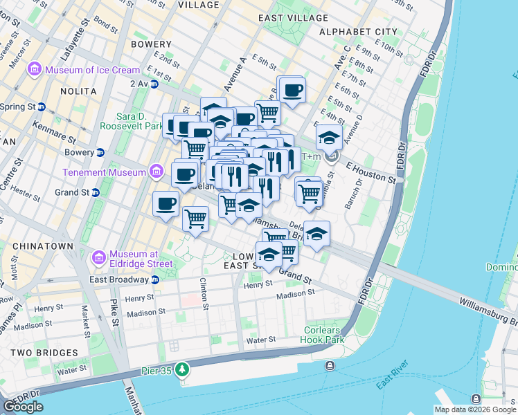 map of restaurants, bars, coffee shops, grocery stores, and more near 51 Pitt Street in New York