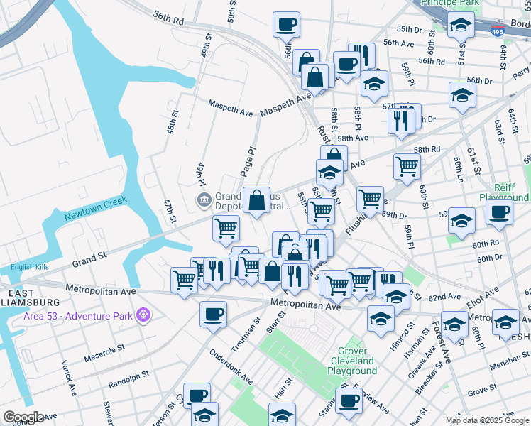 map of restaurants, bars, coffee shops, grocery stores, and more near 53-06 Grand Avenue in Queens