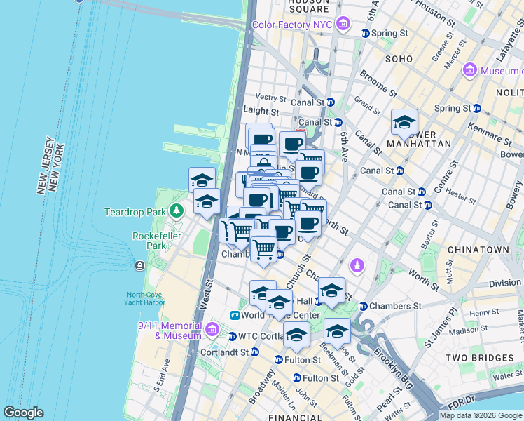 map of restaurants, bars, coffee shops, grocery stores, and more near 185 Duane Street in New York