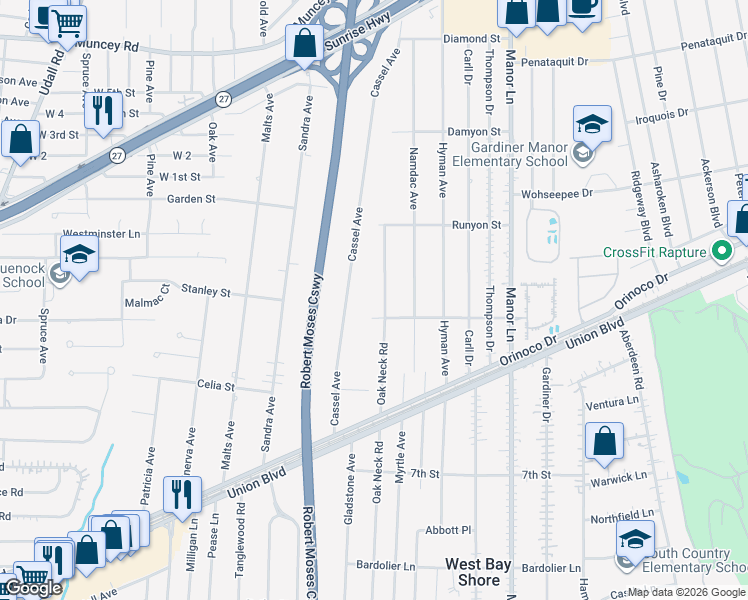 map of restaurants, bars, coffee shops, grocery stores, and more near 1100 Oak Neck Road in Bay Shore