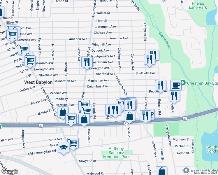 map of restaurants, bars, coffee shops, grocery stores, and more near 105 Lenox Road in West Babylon