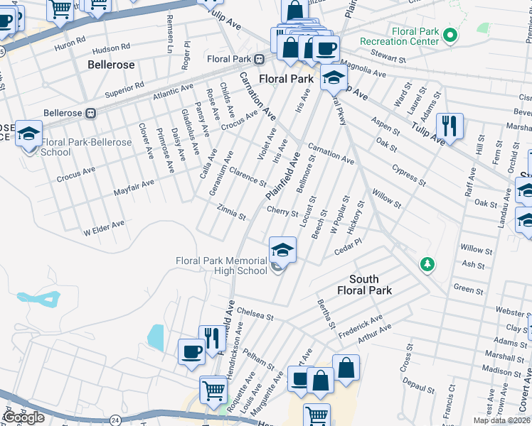 map of restaurants, bars, coffee shops, grocery stores, and more near 31 Hemlock Street in Floral Park
