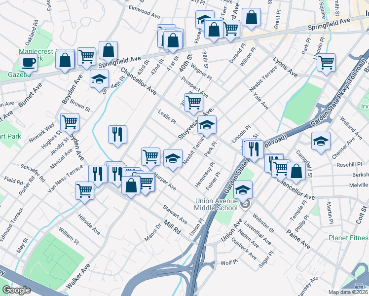 map of restaurants, bars, coffee shops, grocery stores, and more near 924 Stuyvesant Avenue in Irvington