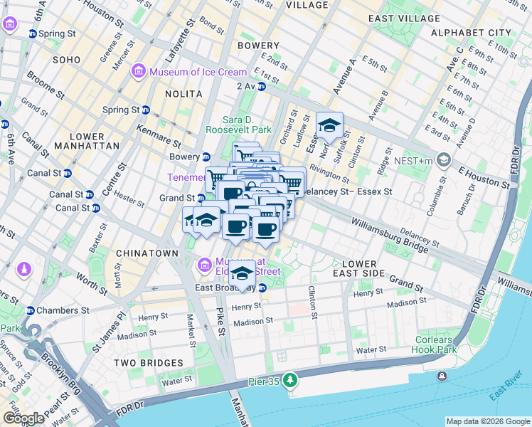 map of restaurants, bars, coffee shops, grocery stores, and more near 75 Ludlow Street in New York