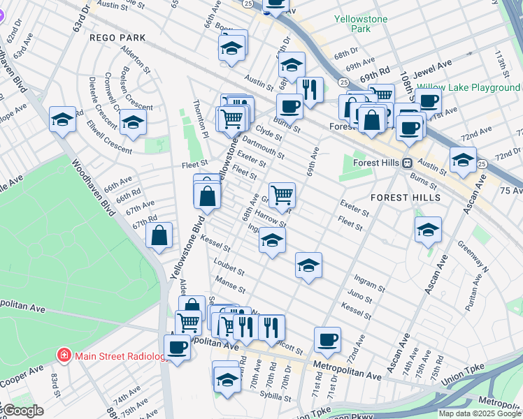 map of restaurants, bars, coffee shops, grocery stores, and more near 68-13 Harrow Street in Queens