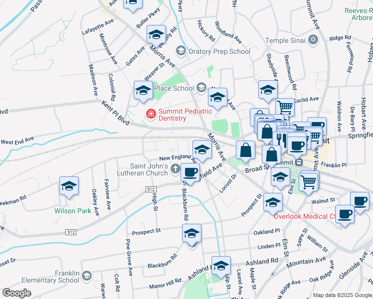 map of restaurants, bars, coffee shops, grocery stores, and more near 73 New England Avenue in Summit