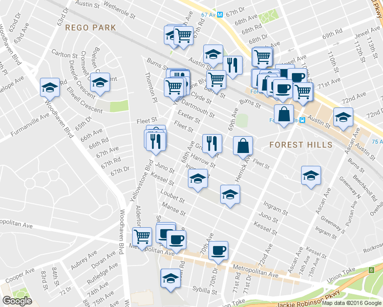 map of restaurants, bars, coffee shops, grocery stores, and more near 9502 68th Avenue in Queens