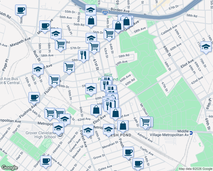 map of restaurants, bars, coffee shops, grocery stores, and more near 59-79 Fresh Pond Road in Queens