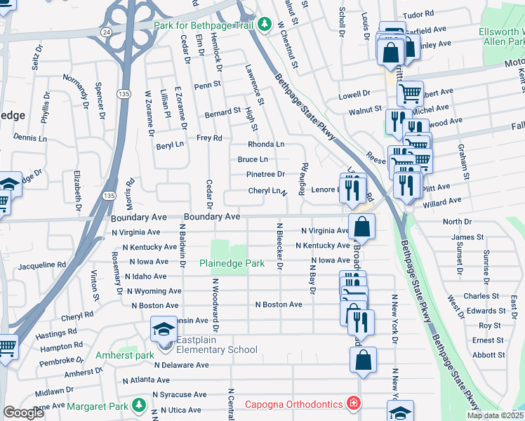 map of restaurants, bars, coffee shops, grocery stores, and more near 18 Cheryl Lane South in Farmingdale