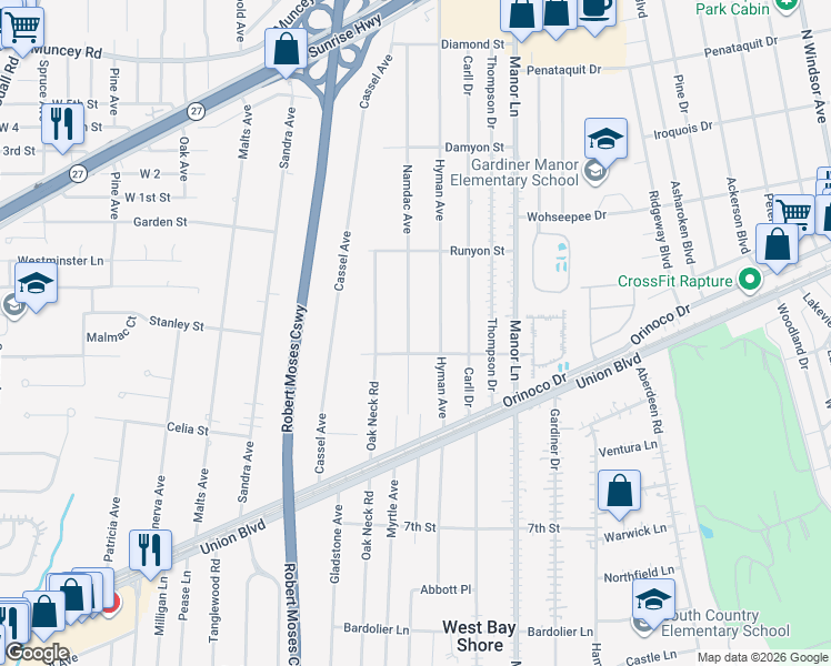 map of restaurants, bars, coffee shops, grocery stores, and more near 1099 Namdac Avenue in Bay Shore