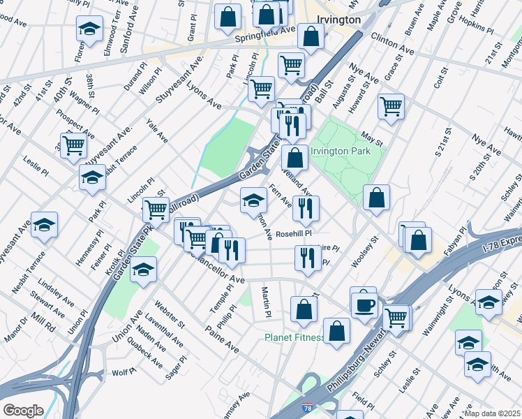 map of restaurants, bars, coffee shops, grocery stores, and more near 57 Medbourne Avenue in Irvington