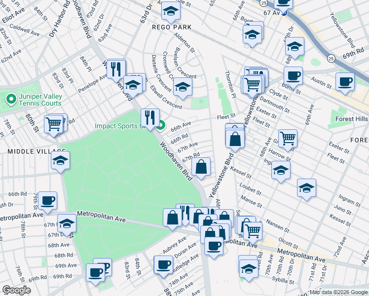 map of restaurants, bars, coffee shops, grocery stores, and more near 85-26 67th Avenue in Queens