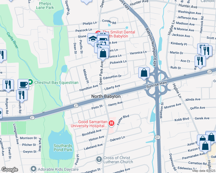map of restaurants, bars, coffee shops, grocery stores, and more near 95 Liberty Avenue in North Babylon