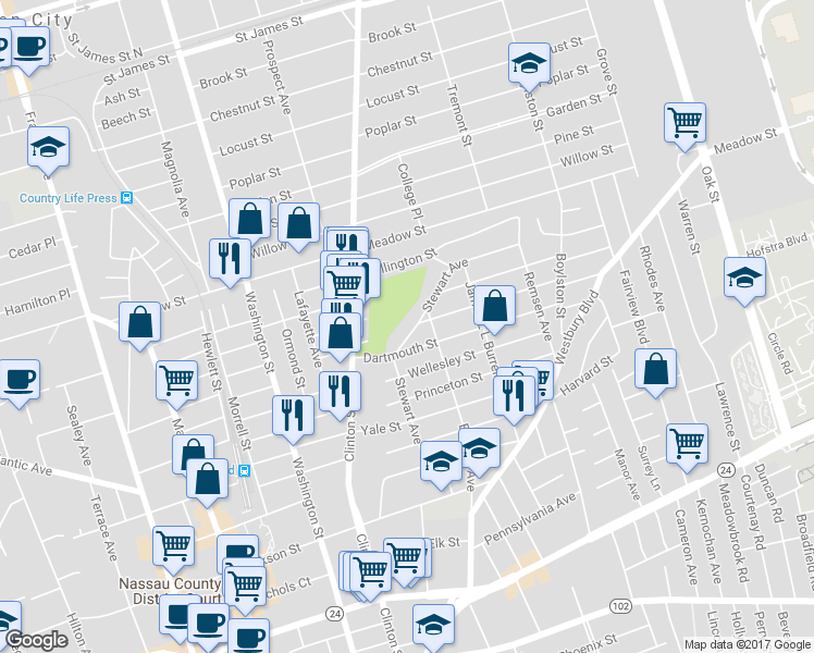 map of restaurants, bars, coffee shops, grocery stores, and more near 131 Stewart Avenue in Hempstead