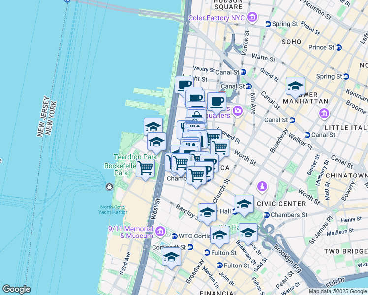 map of restaurants, bars, coffee shops, grocery stores, and more near 310 Greenwich Street in New York