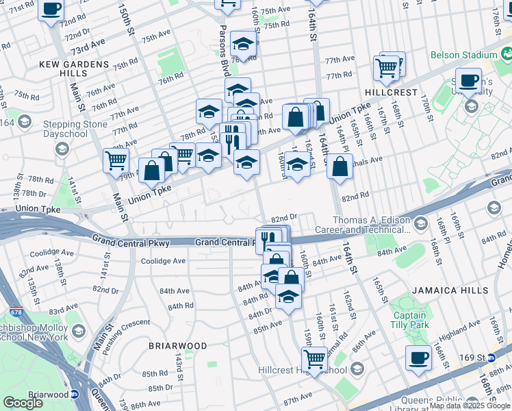 map of restaurants, bars, coffee shops, grocery stores, and more near 82-24 Parsons Boulevard in Queens