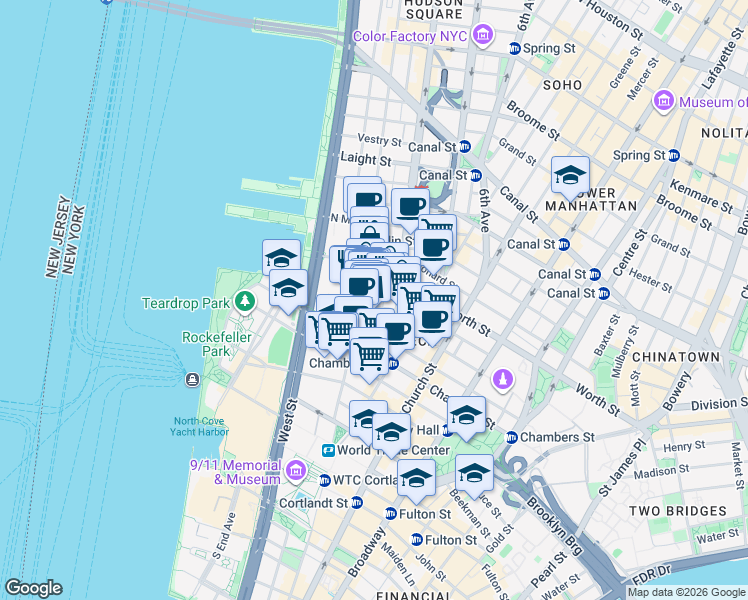 map of restaurants, bars, coffee shops, grocery stores, and more near 179 Duane Street in New York