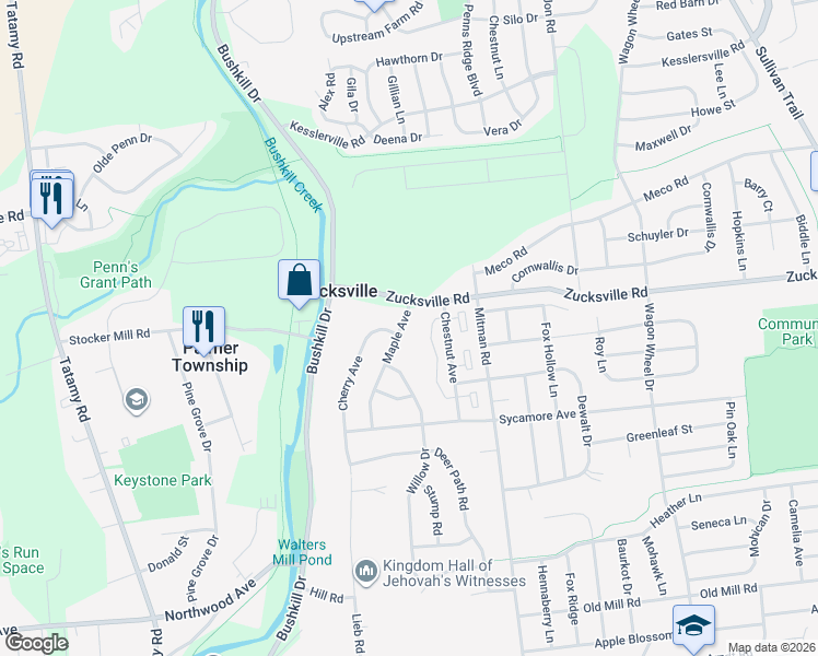 map of restaurants, bars, coffee shops, grocery stores, and more near 1917 Maple Avenue in Easton