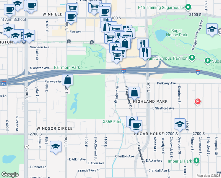map of restaurants, bars, coffee shops, grocery stores, and more near 2434 South Elizabeth Street in Salt Lake City
