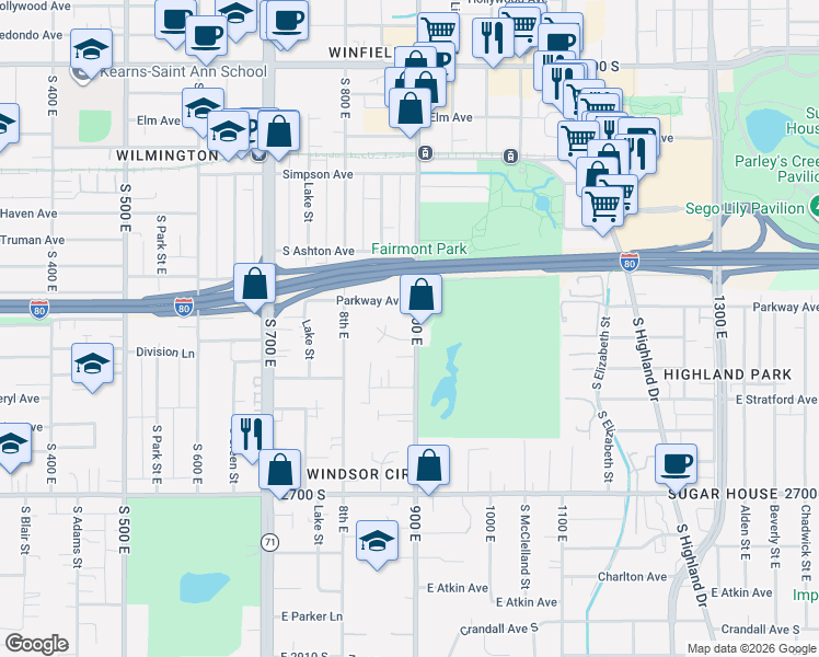 map of restaurants, bars, coffee shops, grocery stores, and more near 2446 900 East in Salt Lake City