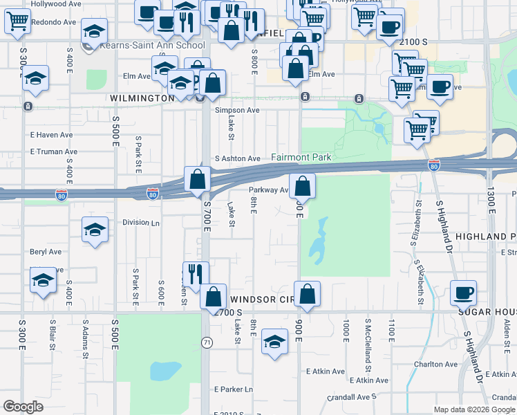 map of restaurants, bars, coffee shops, grocery stores, and more near 2448 800 East in Salt Lake City