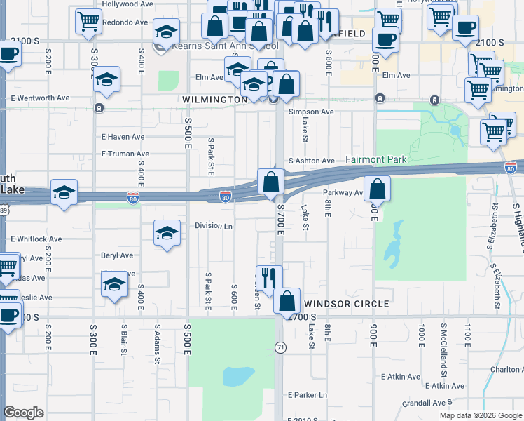 map of restaurants, bars, coffee shops, grocery stores, and more near 635 Warnock Avenue in Salt Lake City
