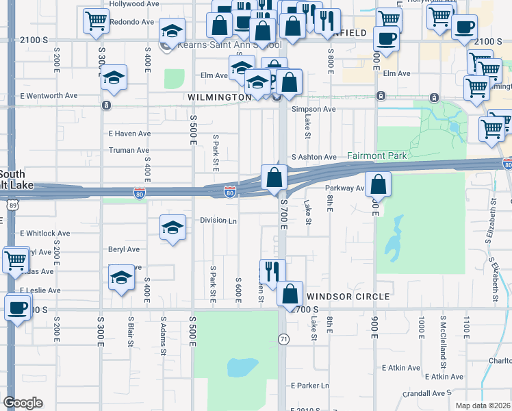 map of restaurants, bars, coffee shops, grocery stores, and more near 635 Warnock Avenue in Salt Lake City