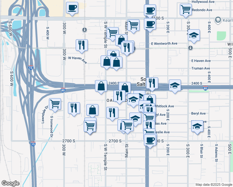 map of restaurants, bars, coffee shops, grocery stores, and more near 43 West Robert Avenue in South Salt Lake