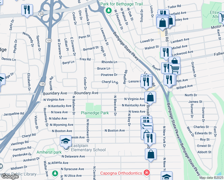 map of restaurants, bars, coffee shops, grocery stores, and more near 18 Cheryl Lane South in Farmingdale