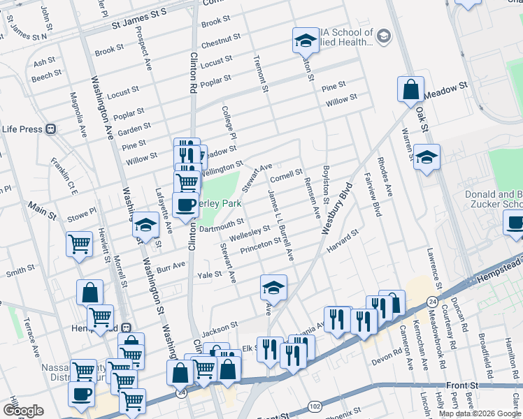 map of restaurants, bars, coffee shops, grocery stores, and more near 137 Dartmouth Street in Hempstead