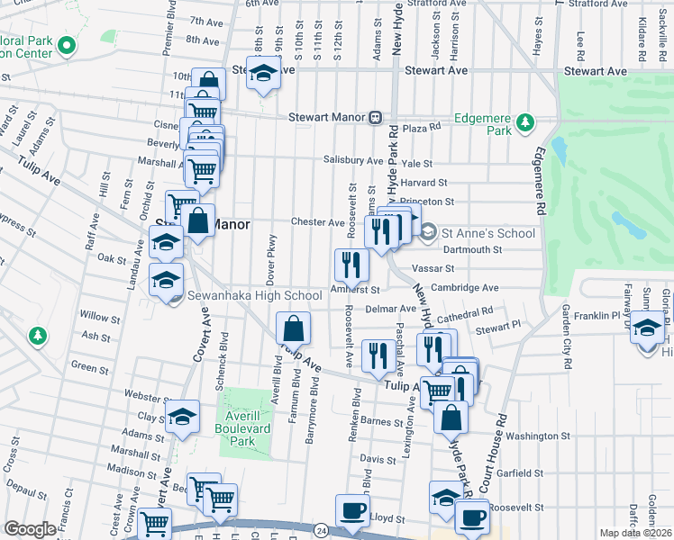map of restaurants, bars, coffee shops, grocery stores, and more near 14 Roosevelt Street in Garden City