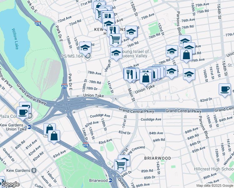 map of restaurants, bars, coffee shops, grocery stores, and more near 141-03 Union Turnpike in Queens