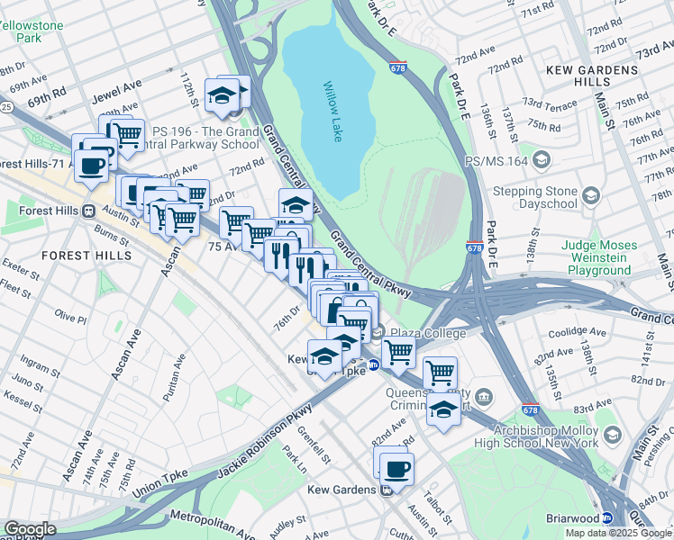 map of restaurants, bars, coffee shops, grocery stores, and more near 76-30 Grand Central Parkway in Queens