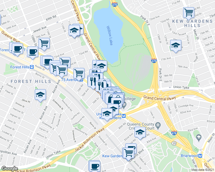 map of restaurants, bars, coffee shops, grocery stores, and more near 76-30 Grand Central Parkway in Queens